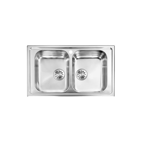 EVHOC Lavello Cucina Sopratop AURA S 2 Vasche, Lavandino Doppia Vasca in Acciaio Inox con Finitura Satinata, Made in Italy, 86x50 cm