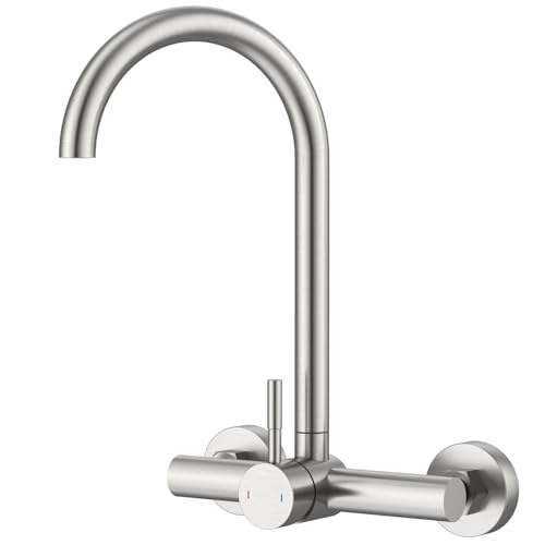 Image of Wall Mount Kitchen Faucet, 8 Inch Center, Brushed Nickel, Lead-Free | Single Handle, 360 Swivel, NSF /ANSI /CAN 372 Lead-free, CEC /DOE 1.8 GPM, 2-hole, Spot-resistant, DIY friendly, No Deck Mess