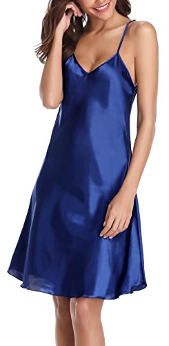 Vlazom Women Sexy Lingerie Satin Nightgown Silk Chemise Mini Slips V Neck Negligee Sleepwear With Adjustable Straps Navy #TOP6