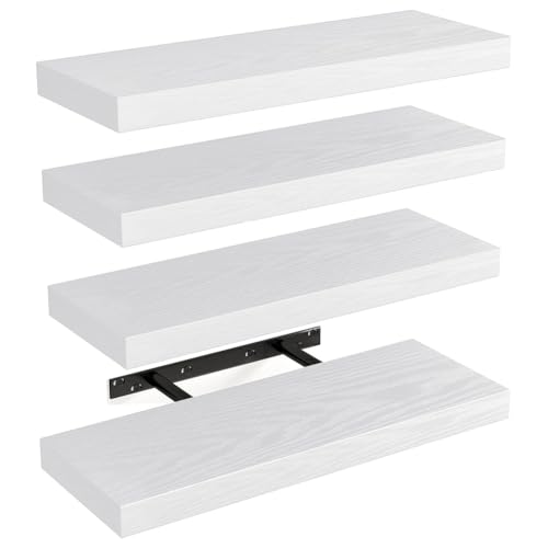 BAKAJI Set 4 Mensole da Parete in Legno Massiccio, Scaffali a Muro Multiuso con Staffe a Scomparsa in Metallo, Scaffalatura per Camera da Letto, Soggiorno, Cucina, Bagno, 40 x 14 x 3 cm (Bianco)
