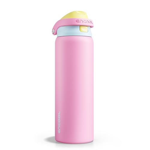 Image of ENCOOL Leakproof Insulated Water Bottle with Straw Dual-Sip Water Bottle Bag-Safe Design for Work, Commute & Gym - Keeps Drinks Cold All Day, 32 oz, Shell Pink