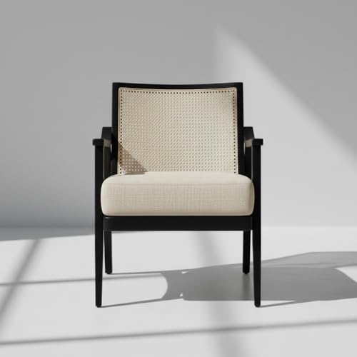 Image of APRODZ Mango Wood Arm Chair for Living Room with Cane Back & Wooden Armrest | Solid Wood Chair for Home Use Bedroom Dining Drawing Room and Balcony | Solid Wood Accent Chair, Black Finish