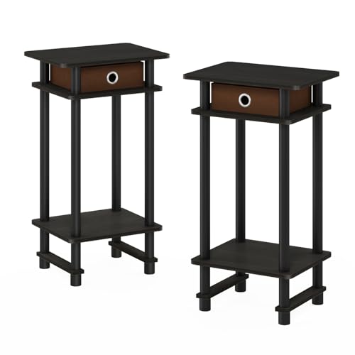 Furinno Bedside Table Nightstand, Engineered Wood Plastic, Espresso/Brown, Tall with Bin, Set of 2