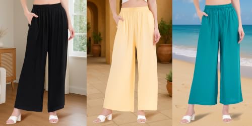 Image of Buy That Trendz Palazzo Pants for Women Rayon Elasticated Regular Fit Flared Wide Leg M to 6XL Pack of 3