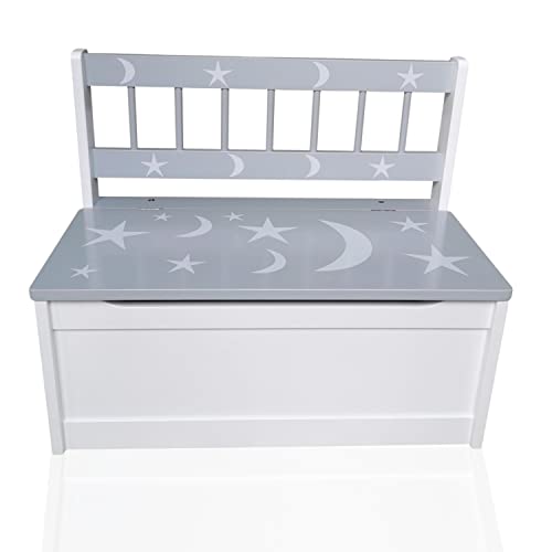 Schauer Kindersitzbank mit Stauraum aus Nadelholz - Spielzeugtruhe mit Sternenmuster 60 x 50 x 30 cm - Sitzbank/Sitztruhe für Kinderzimmer Aufbewahrung Ordnung grau/weiß Cover