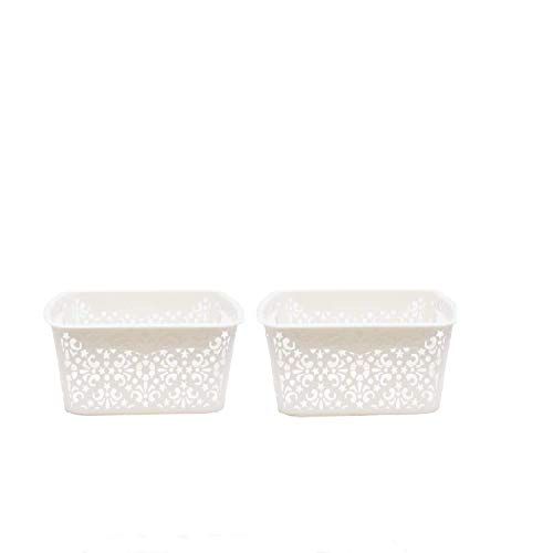 Image of Cutting Edge Essentials Plastic Storage Baskets /Shelf /Turkish Rack without Lid - Set of 2 for Fruit Vegetable Bathroom Stationary Home Basket with Handle (Cream, Small)