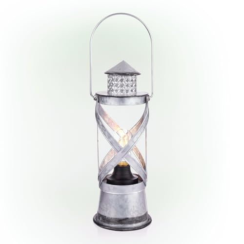 Image of Alpine Corporation 15 inch H Indoor /Outdoor Vintage Metal Lantern with LED Lights, Silver