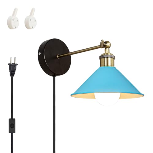 Image of ANYE Wall Sconce UL Plug-in Cord Bronze E26 Base Retro Minimalist Style Macaron Blue Iron Shade Wall Light Fixture for Cabinet Kitchen Hotel Bulb Sold Separately