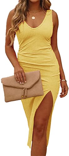 Womens Sleeveless V Neck Bodycon Dress Midi Party Dress Side Slit Ribbed Knit Pencil Dresses Yellow #TOP1