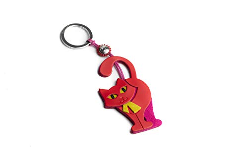 Preisvergleich Produktbild Dallaiti Design Schlüsselanhänger Katze aus Pigmentleder aus Veloursleder und gewachster Draht mit Ring aus Metall Schlüsselring 16 cm, rot (Rot) - PCA107 / 6