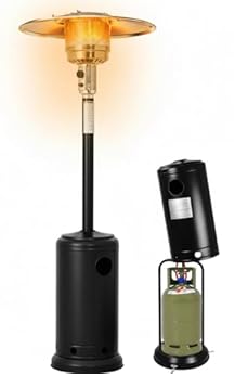 Foto di Fungo Riscaldante a Gas 14000 W Max 13kW Stufa Per Esterno Terrazzo Giardino Piscina Bar Locali Accensione Piezoelettrica 2 Modalità Potenza Con Ruote e Vano Bombola Da 15Kg 81 x 46 x 221 Cm Nero