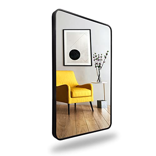 Mirrors And More 24” X 36” Bathroom Mirror For Wall - Wall Mounted Rectangular Bedroom Mirror - Aluminum Black Metal Framed Decorative Mirror - Makeup Mirror With Rounded Corners - Modern Home Décor #TOP7
