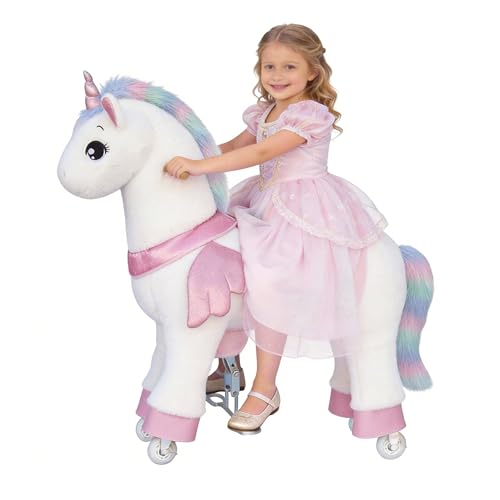 Ride on Unicorn Toys for Kids Ride on Toy for Girls 4 to 9 Years Old 36.6 Height Riding Horse Rider Mechanical Walking Action Plush Animal No Battery or Electricity Max Load 165LBS - Colorful