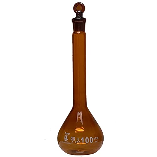 100ml Amber Volumetric Flask, with Ground Stopper, Karter Scientific 253F1 (Pack 120)