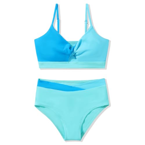 Image of Girls Swimsuit Color Block Twist Bathing Bikini Suit Adjustable Straps Girls 2 Piece Swimsuit 7-14 Years