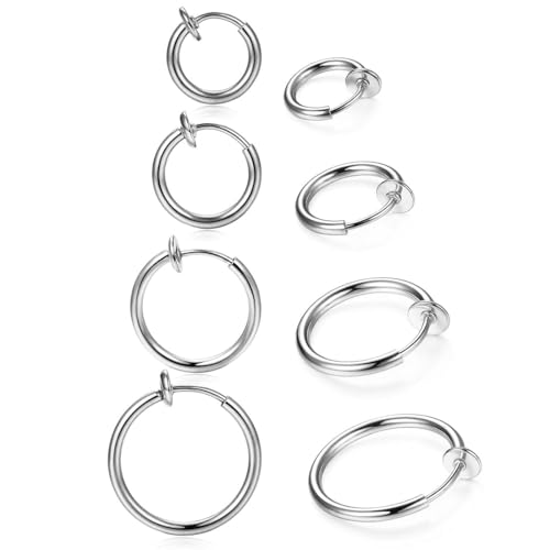 4 Paires Acier Inoxydable Boucles d'oreilles Clips Homme Femme Fille Magnétique Boucle ddPercées Ear Cuff Anneau Petite Boucle doreille Créole Clip Argent