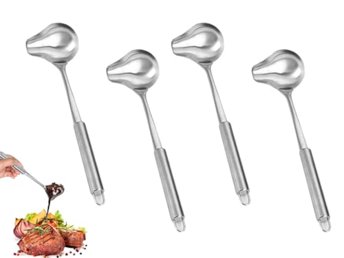 Abiyou Mestolo per Salsa con Beccuccio, 4 Pezzi Mestolo in Acciaio Inox per Salsa, Cucchiaio per Sugo, Mestolo per Salsa in Mestoli Acciaio Inox, per Sugo per Condimenti, Zuppe, Sughi (Argento)