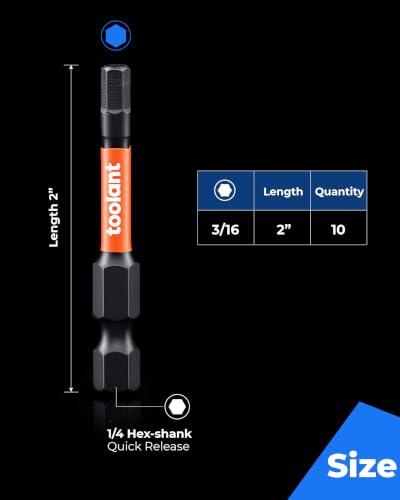 Image of toolant 3 /16 inch Impact Hex Bits Set 10pcs,1 /4 inch Hex-Shank Allen Wrench Drill Bit Set, S2 Steel, CNC Machined Tips with Magnetism, 2 inch Long with Storage Box