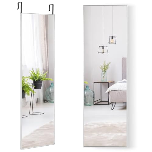 HOMASIS Espejo de Pared y Puerta 37x120cm, Ajustable en Altura con 2 Ganchos, Espejo de Pasillo de Cristal inastillable, Armazón metálico de aleación de Aluminio, para Dormitorio, Pasillo (Plata)