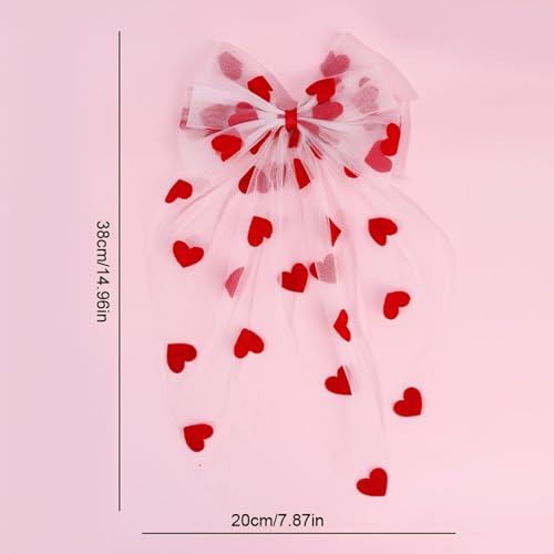 Lazos de cabello Valentine rojo con clip grande con largas colas, malla blanca y corazón rojo, listón de cabello en forma de corazón para mujeres y niñas miniatura 5