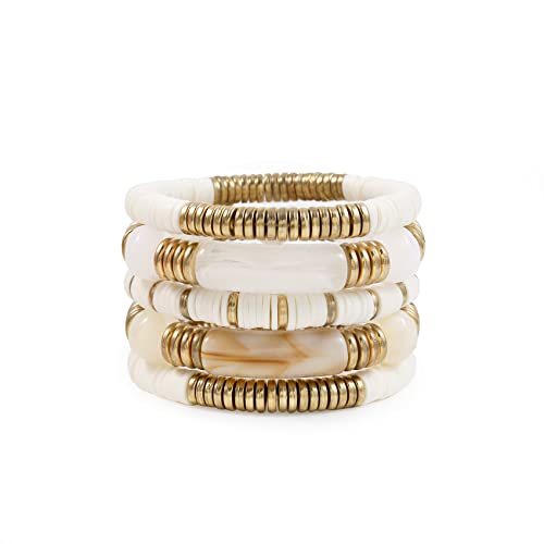 White Bamboo Tube Bangles Bracelet Chunky Curved Stacking Clear Acrylic Colorful Beads Stretchable Friendship Gold Bracelets Gifts For Bestfriends, Couple, Family Members, Siblings, Sister, Lover #TOP29