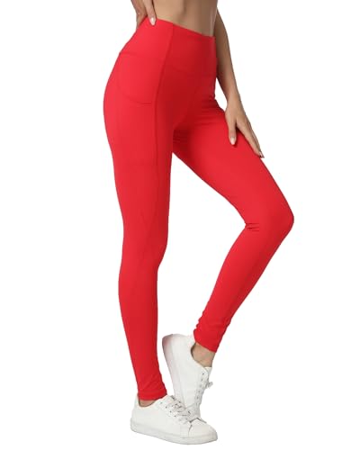 Womens High Waisted Yoga Leggings with Pockets - Tummy Control Soft Athletic Pants for Workout Gym Running (Red Large)