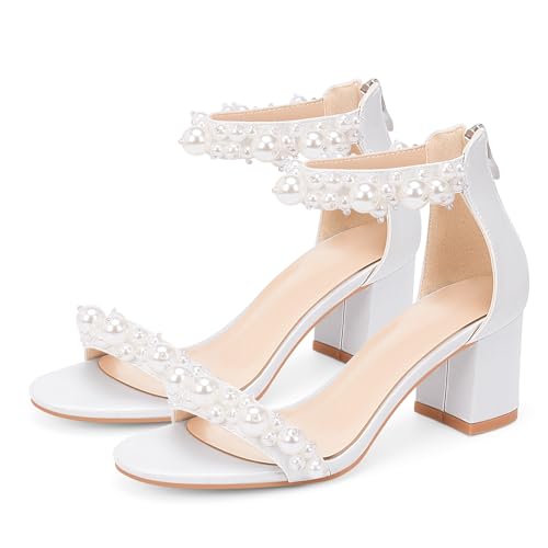 Women's Pearl Decoration Ankle Strap Sandals Chunky Block Heel Wedding Party Shoes3