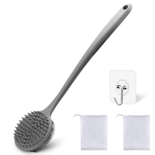 Image of Silicone Body Scrubber for Shower Men Women - Dual-Sided Exfoliating & Massage Shower Brush with Long Handle, Creates Rich Lather, Includes 1 Hook & 2 Lather Balls (Gray).
