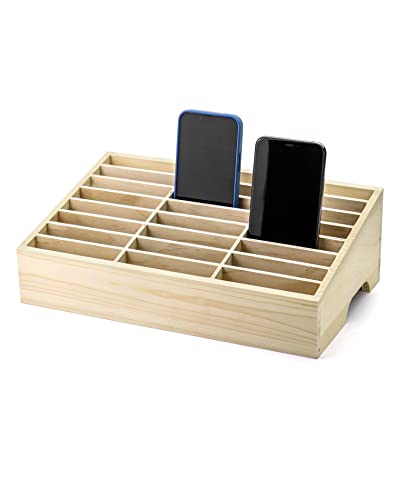 QWORK Wooden Cell Phones Storage Box 24-Grid, Desktop Mobile Phone Holder Management Storage Box...