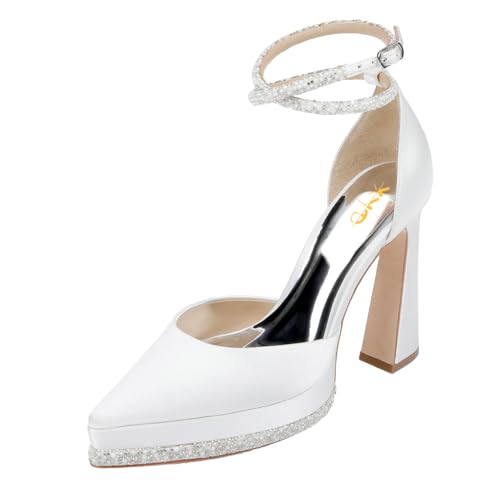 XYD Women's Pointed Toe Platforms Glamorous Crystal Ankle Wrap Strappy Block High Heels D'Orsay Satin Shoes for Evening Party