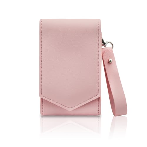 AfitLulu Makeup Case - Leather Lipstick Pouch with Mirror, Wristlet Holder, Holds 3 Lipsticks, Magnetic Closure (Pink)