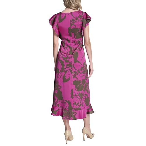 Image of DKNY Women's Ruffle Cap Sleeve Surplice Neck Fit and Flare Midi Dress