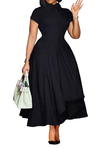 Seltaon Women Elegant Semi Formal Midi Dresses Short Sleeve A Line Church Cocktail Party Dress Plus Size