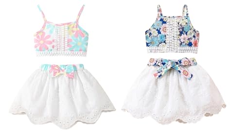 Image of TAGAS Girls Girls Floral Crop Top and White Lace Skirt Set - Summer Sleeveless 2-Piece Outfit with Bow Belt - Casual Party Dress for Kids