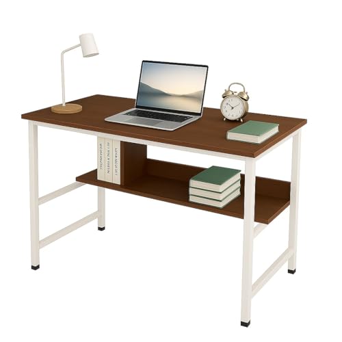 Image of Multipurpose Wood Study Table with Shelf Computer, Laptop & Office Workstation Desk for Home & Work - Easy to Assemble Gaming Concept Desk (Brown Board White Metal)(L*90,B*60,H*75)cm.