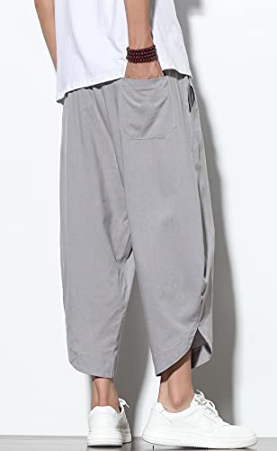 chouyatou Men's Summer Elastic Waist Loose Lightweight Baggy Ethnic Linen Beach Cropped Harem Pants2