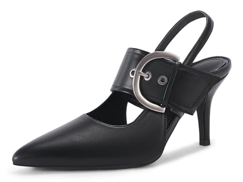 Coutgo Womens Slingback Pumps Closed Pointed Toe High Heels Belt Buckle Strap Dressy Work Shoes, Black, Size 8