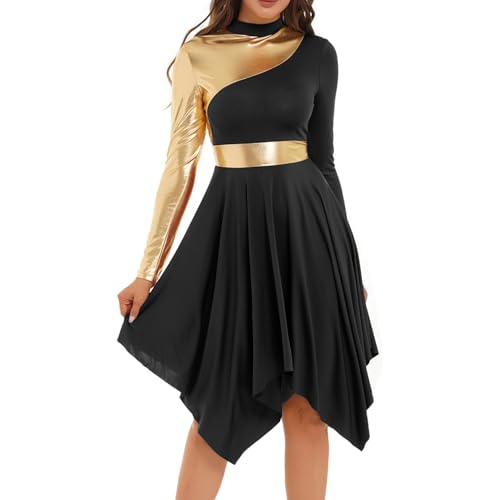 inlzdz Tanzkleid Damen Eiskunstlauf-Kleid Langarm Asymmetrischer Saum Kleider Ballettkleid Ballettkleidung Turnanzug Tanzkostüm für Abschlussball...