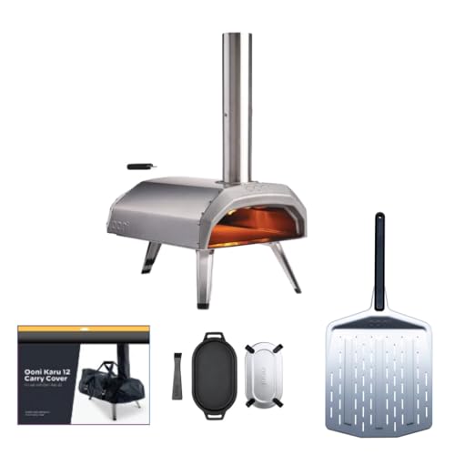 Ooni Karu 12 Pizzaofen Kombi-Set – Multibrennstoff-Ofen mit 30 cm Pizzaschaufel (perforiert), Karu 12 Schutzhülle & Sizzler-Pfanne