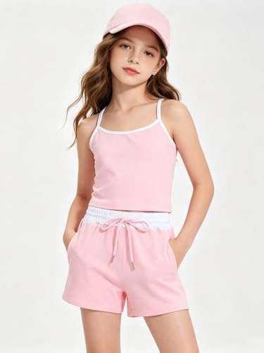Image of Size 7-14Y Girls Clothes 2 Piece Outfits Striped Tank Top Drawstring Shorts Teen Girls Summer Clothing Sets