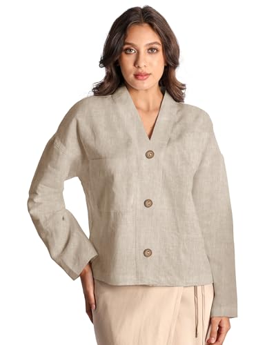 Women's Pure Linen Jacket Long Sleeves Botton Down Casual Cardigan Tops4