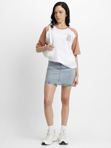 Image of JUNEBERRY 100% Pure Cotton Oversized Baggy Fit Drop Shoulder Round Neck Graphic Printed Raglan Sleeve T-Shirt for Women (Sizes: S to 2XL)