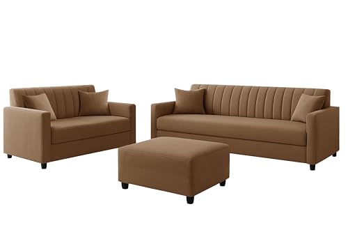 Image of 3+2 Fabric Sofa Set with Ottoman for Living Room | Modern Upholstered 5-Seater Couch | Soft Cushion, Premium Velvet Fabric-Golden