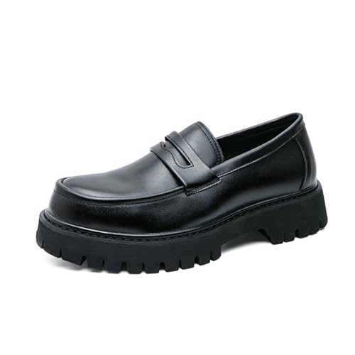 Mens Leather Slip-On Platform Dress Penny Loafers Non-Slip Low Top Round Toe Chunky Shoes for Business Casual Dress Prom Party