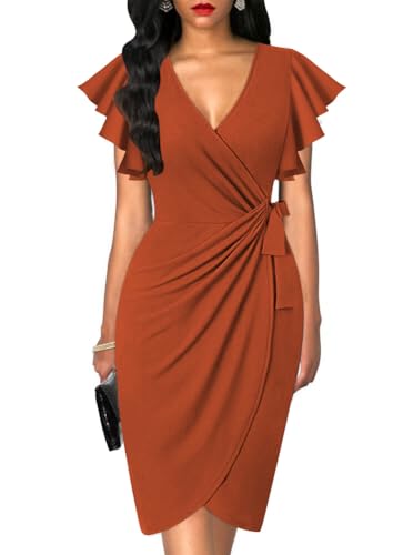 oten Womens Deep V Neck Ruffle Sleeve Sheath Casual Cocktail Party Work Faux Wrap Dress Rust Red Small