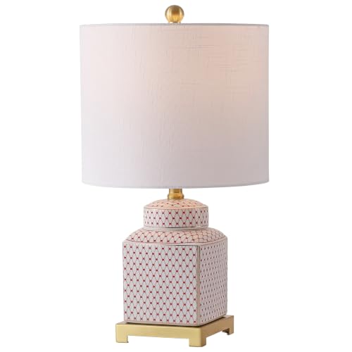 Image of JONATHAN Y Cleo 21.5 inch Red & White Ceramic Table Lamp with Brass Base