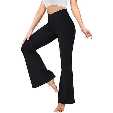 YOLIX Flare Leggings for Women with Pockets - Crossover High Waisted Black Flared Leggings for Yoga Gym Workout Cover