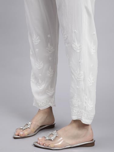Image of Seva Chikan Hand Embroidered Lucknowi Chikankari White Viscose Georgette Trouser Palazzo for Women SCL11027