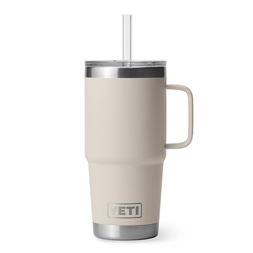 Image of YETI Rambler 25 oz Tumbler with Handle and Straw Lid, Travel Mug Water Tumbler, Vacuum Insulated Cup with Handle, Stainless Steel, Cape Taupe