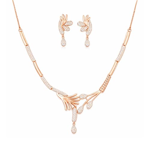 Image of Nilu's Collection Rose Gold Plated American Diamond Floral Leaf Necklace Set with Matching Drop Earrings For Women And Girls | Anti-Tarnish | Anti-Allergy | Office Wear